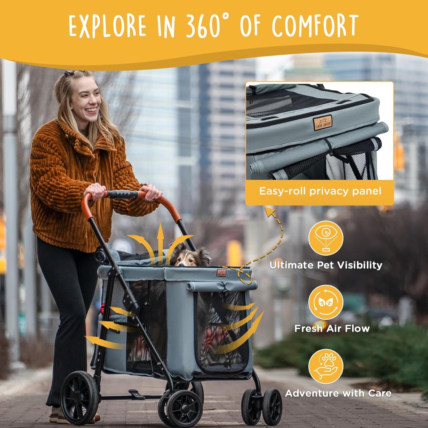 Scout 4-Wheel Pet Stroller for Small & Medium Dogs – Foldable Dog Stroller with Adjustable Mesh Windows, Shade, Swivel Front Wheels & Rear Brake