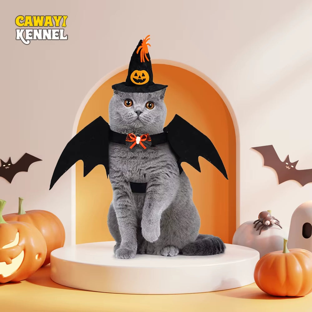 3 Pieces/Set Halloween Pet Costume Set Include Cat Cosplay Wizard Hat Bat Wings Bow Collar for Cats & Dog Funny Magical Holiday