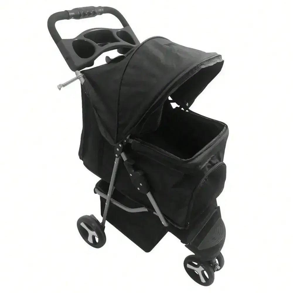 Foldable 3-Wheel Pet Stroller for Small Dogs & Cats – Rolling Strolling Cart Carrier with Storage Basketet