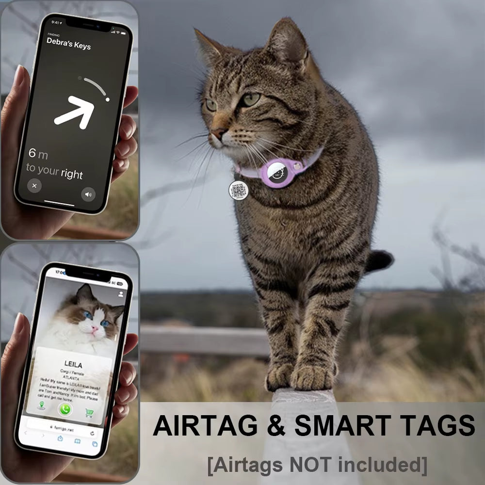 Smart Cat Collar with AirTag Holder & QR ID Tag - GPS Tracker Collar with Reflective Safety Strap