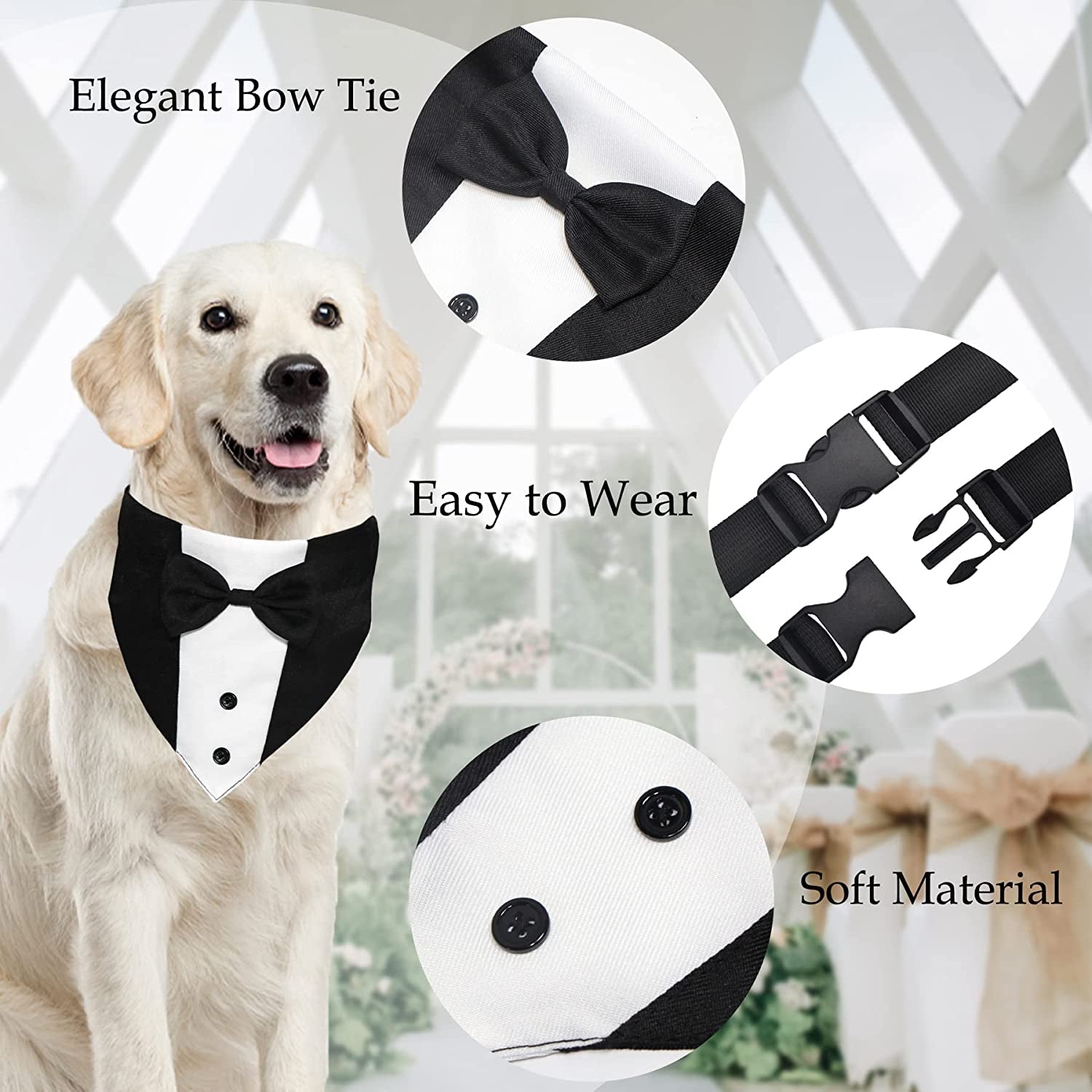Dog Tuxedo Suit with Bow Tie – Formal Wedding Bandana Collar, Adjustable Pet Tux for Engagements, Parties & Birthdays (Fits Small, Medium & Large Dogs, Neck 15”-25”)