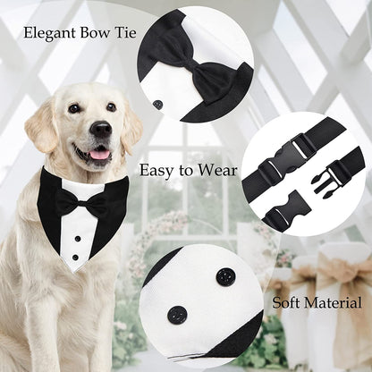 Dog Tuxedo Suit with Bow Tie – Formal Wedding Bandana Collar, Adjustable Pet Tux for Engagements, Parties & Birthdays (Fits Small, Medium & Large Dogs, Neck 15”-25”)