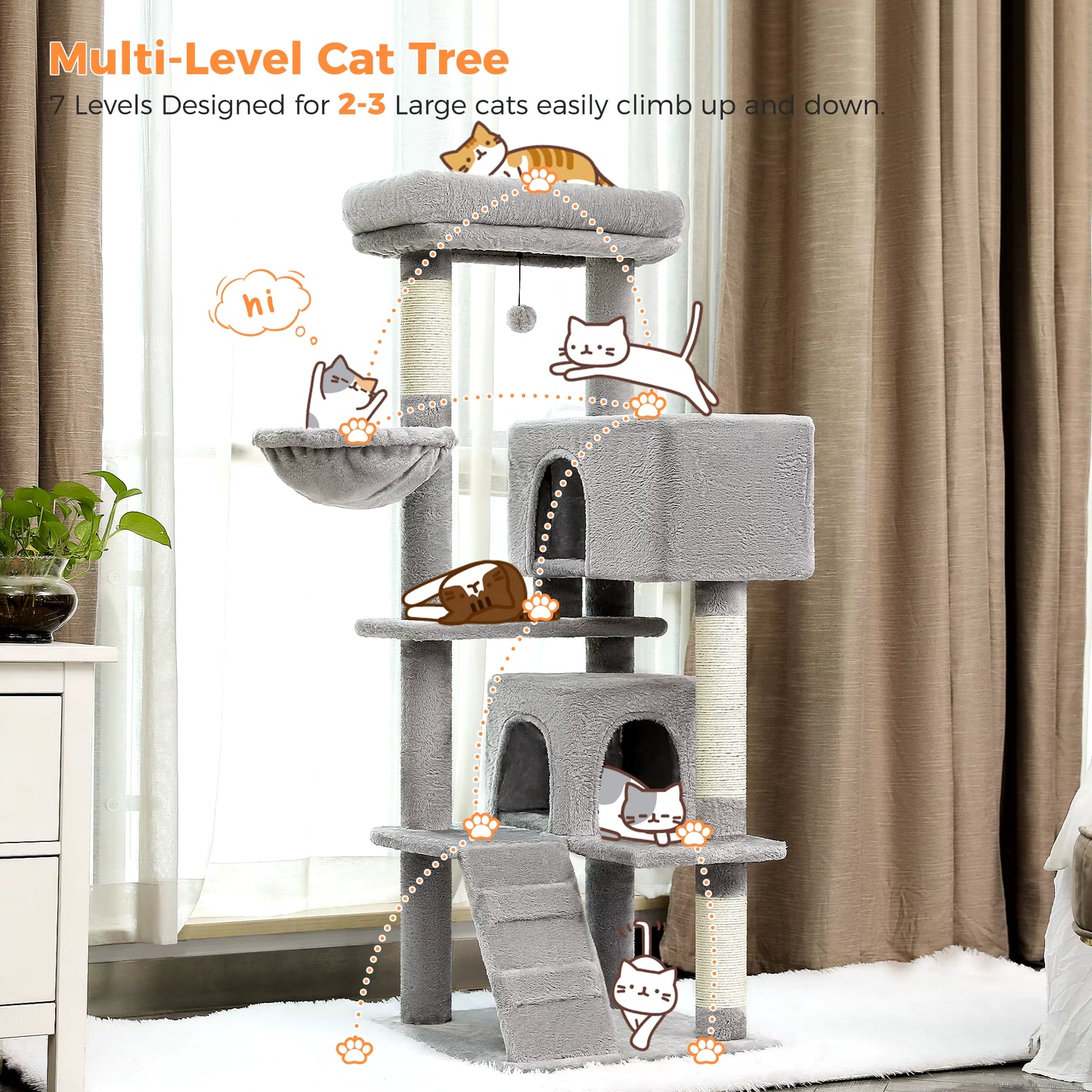 Multi-Level Cat Tree Tower with Condo, Scratching Posts, Cozy Perches & Hanging Ball Toy – Stable Luxury Cat Play House