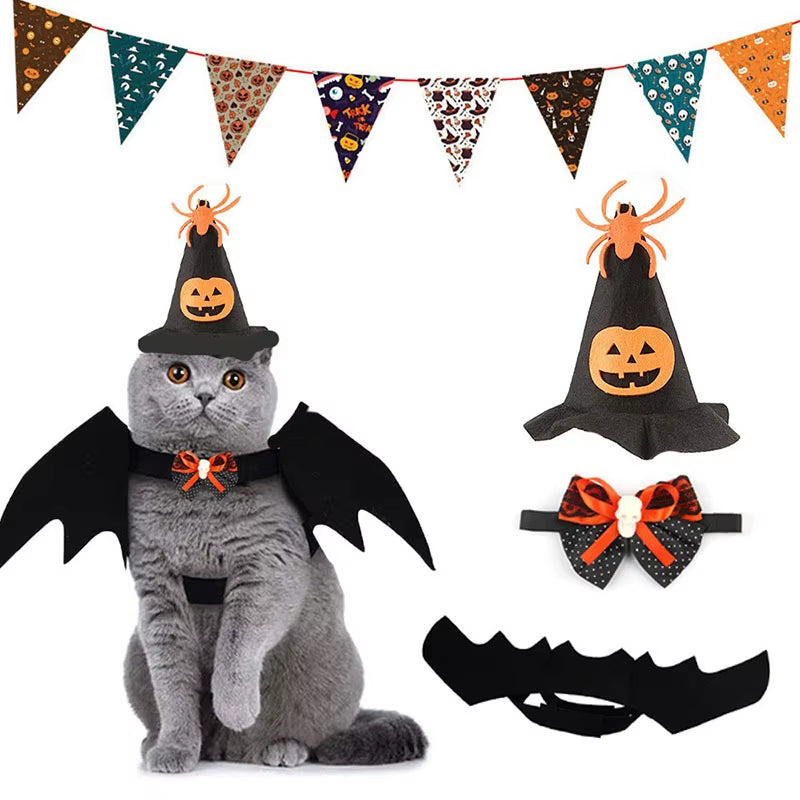 Cat Halloween Costume Bat Wings Hat Necklace Pet Apparel Party Dress up Accessories for Cat Small Dogs Puppy Kitty Kitten Suit