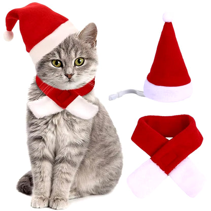Christmas Pet Costume Set – Santa Hat & Scarf for Cats, Puppies, and Small Dogs