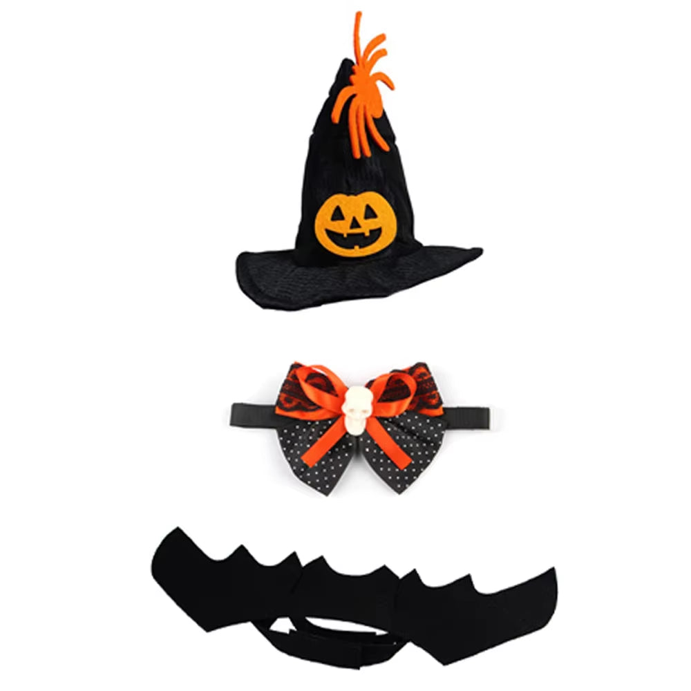 3 Pieces/Set Halloween Pet Costume Set Include Cat Cosplay Wizard Hat Bat Wings Bow Collar for Cats & Dog Funny Magical Holiday