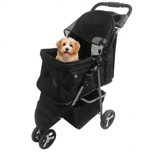 Foldable 3-Wheel Pet Stroller for Small Dogs & Cats – Rolling Strolling Cart Carrier with Storage Basketet