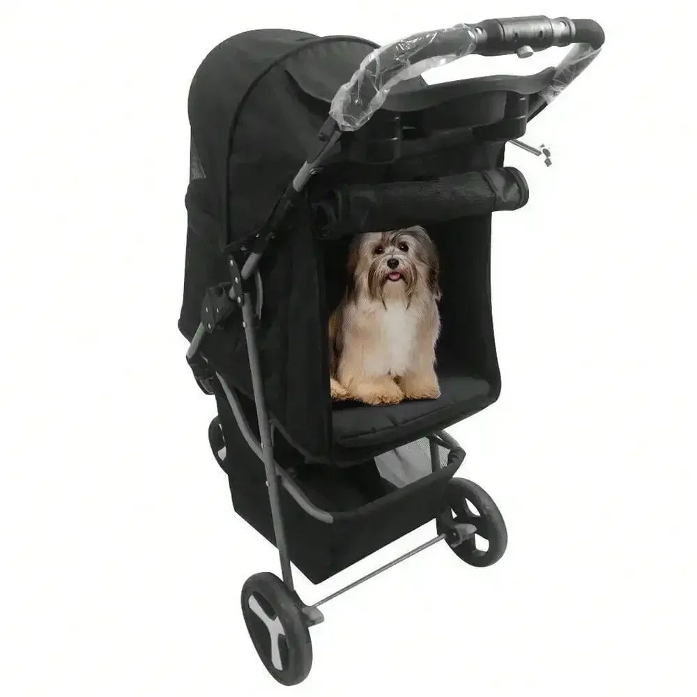 Foldable 3-Wheel Pet Stroller for Small Dogs & Cats – Rolling Strolling Cart Carrier with Storage Basketet