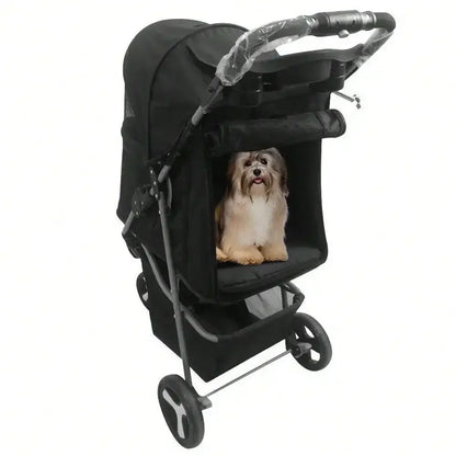 Foldable 3-Wheel Pet Stroller for Small Dogs & Cats – Rolling Strolling Cart Carrier with Storage Basketet