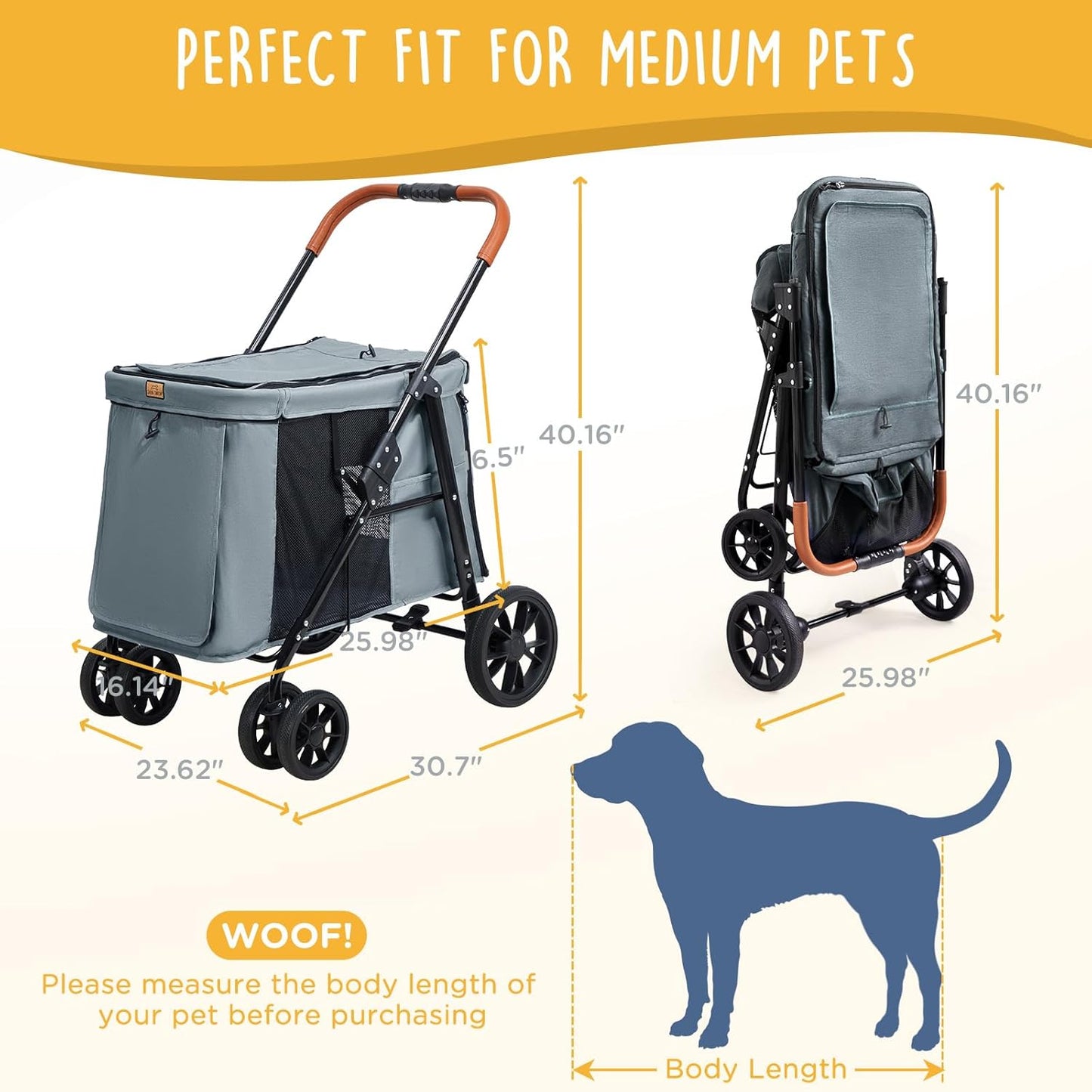 Scout 4-Wheel Pet Stroller for Small & Medium Dogs – Foldable Dog Stroller with Adjustable Mesh Windows, Shade, Swivel Front Wheels & Rear Brake
