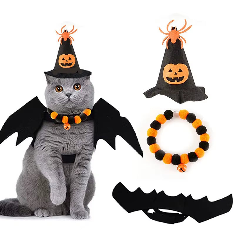 Cat Halloween Costume Bat Wings Hat Necklace Pet Apparel Party Dress up Accessories for Cat Small Dogs Puppy Kitty Kitten Suit