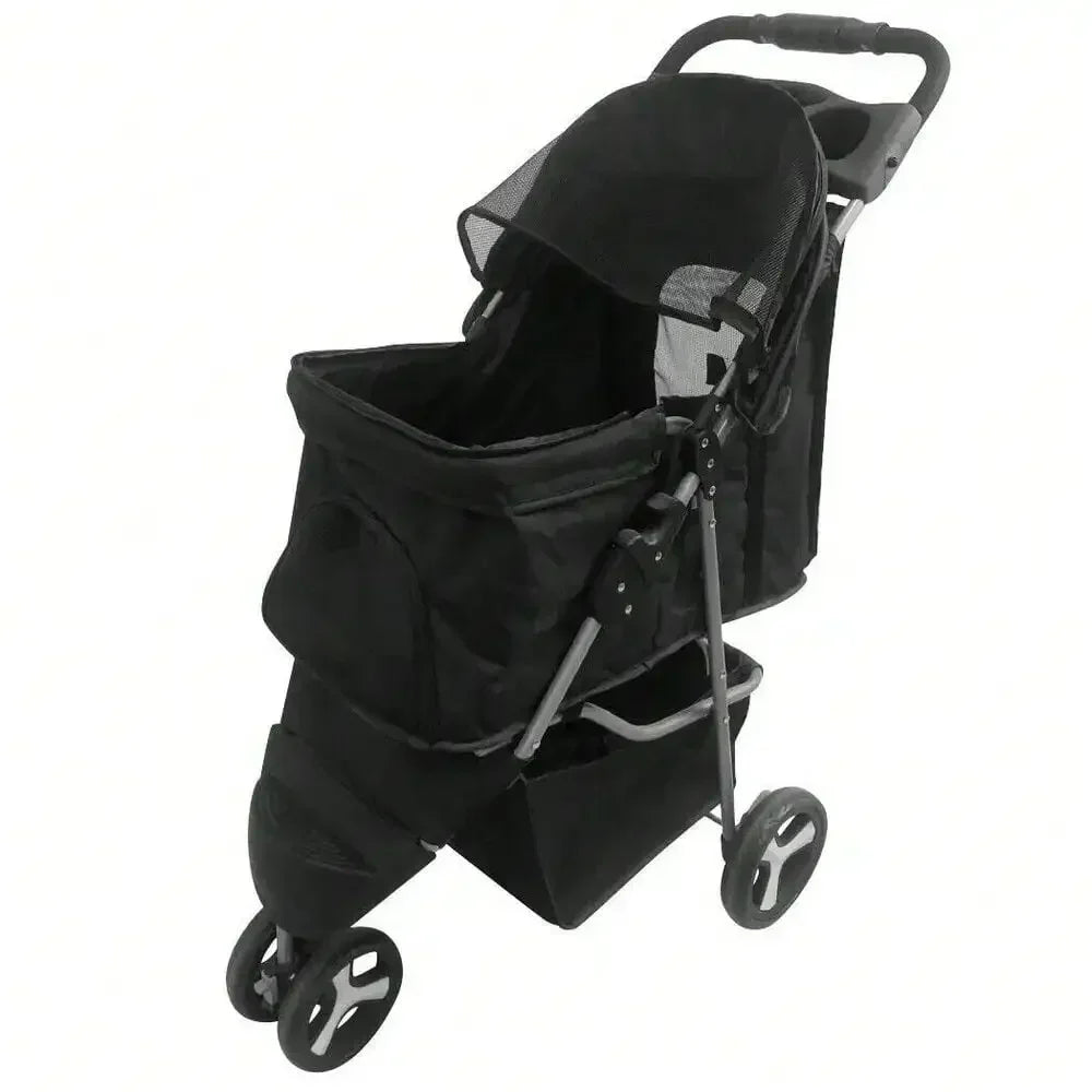 Foldable 3-Wheel Pet Stroller for Small Dogs & Cats – Rolling Strolling Cart Carrier with Storage Basketet