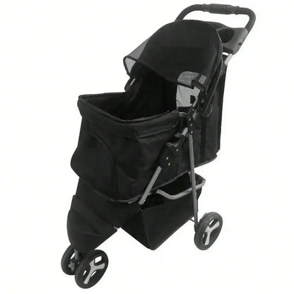 Foldable 3-Wheel Pet Stroller for Small Dogs & Cats – Rolling Strolling Cart Carrier with Storage Basketet