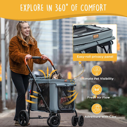 Scout 4-Wheel Pet Stroller for Small & Medium Dogs – Foldable Dog Stroller with Adjustable Mesh Windows, Shade, Swivel Front Wheels & Rear Brake