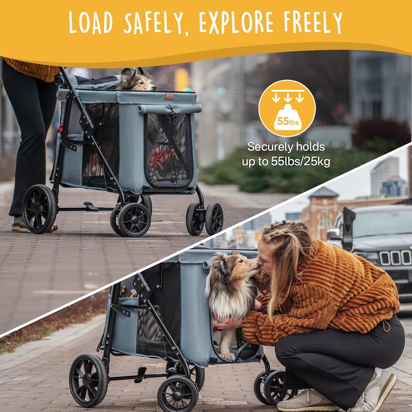 Scout 4-Wheel Pet Stroller for Small & Medium Dogs – Foldable Dog Stroller with Adjustable Mesh Windows, Shade, Swivel Front Wheels & Rear Brake