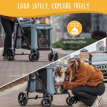 Scout 4-Wheel Pet Stroller for Small & Medium Dogs – Foldable Dog Stroller with Adjustable Mesh Windows, Shade, Swivel Front Wheels & Rear Brake
