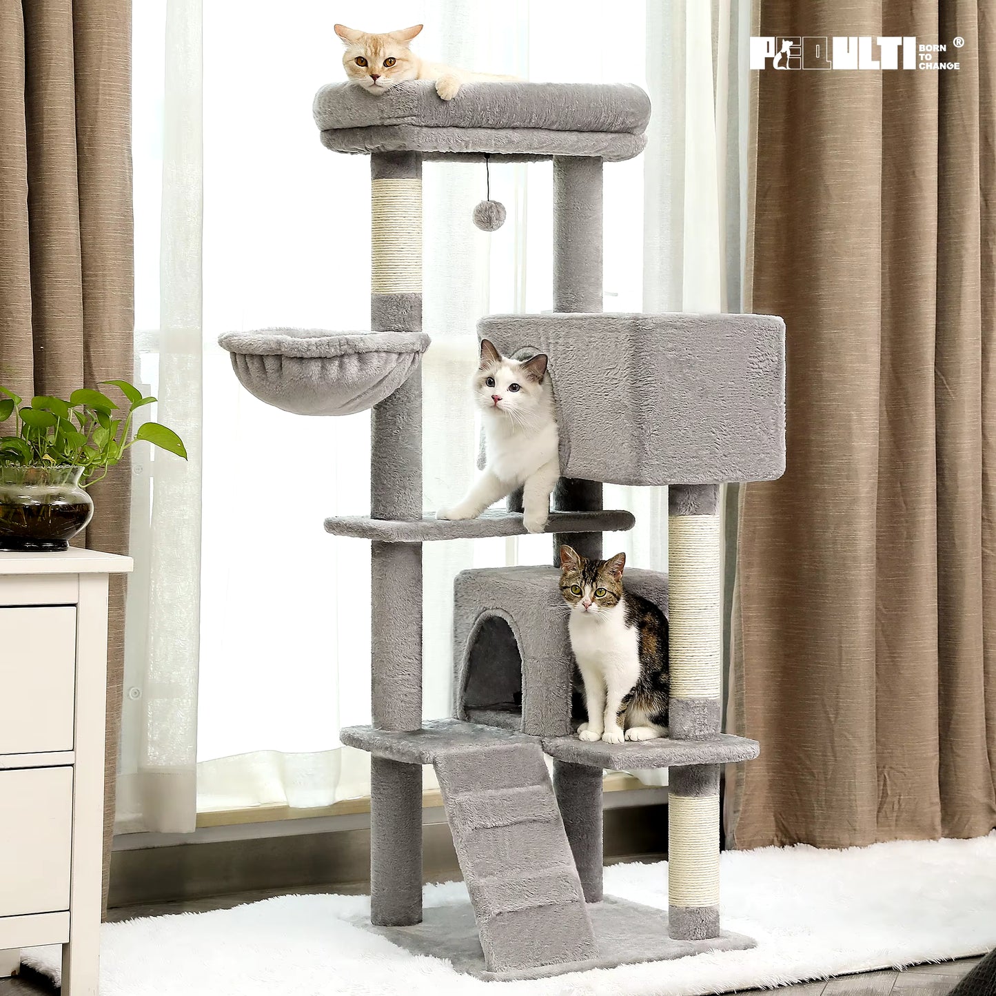 Multi-Level Cat Tree Tower with Condo, Scratching Posts, Cozy Perches & Hanging Ball Toy – Stable Luxury Cat Play House