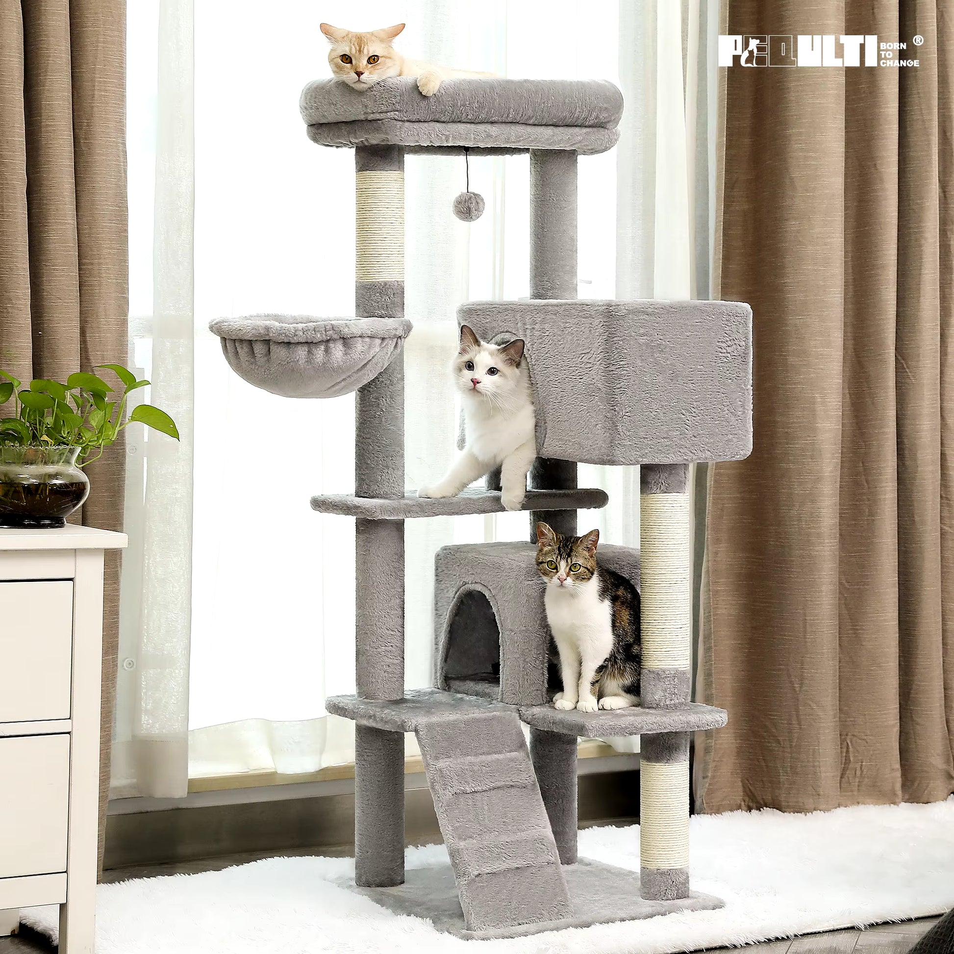 Multi-Level Cat Tree Tower with Condo, Scratching Posts, Cozy Perches & Hanging Ball Toy – Stable Luxury Cat Play House