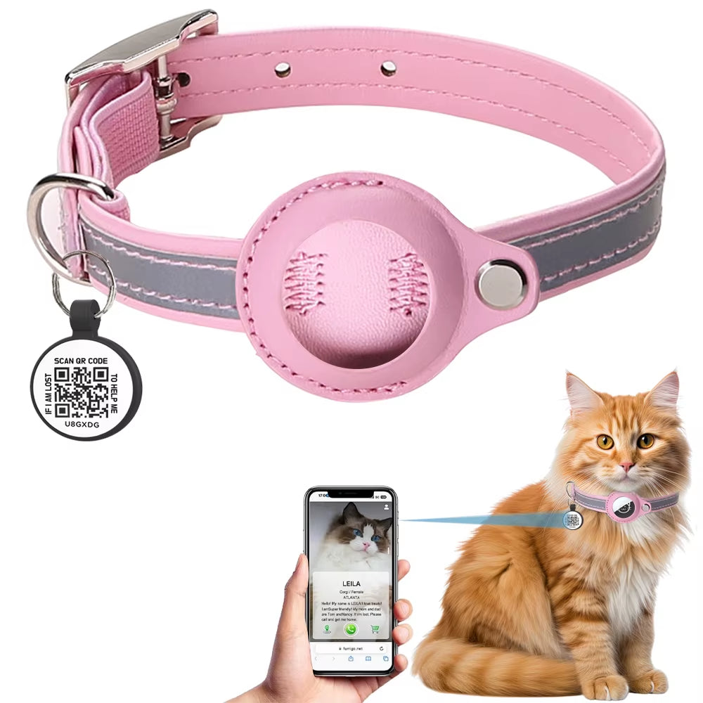 Smart Cat Collar with AirTag Holder & QR ID Tag - GPS Tracker Collar with Reflective Safety Strap