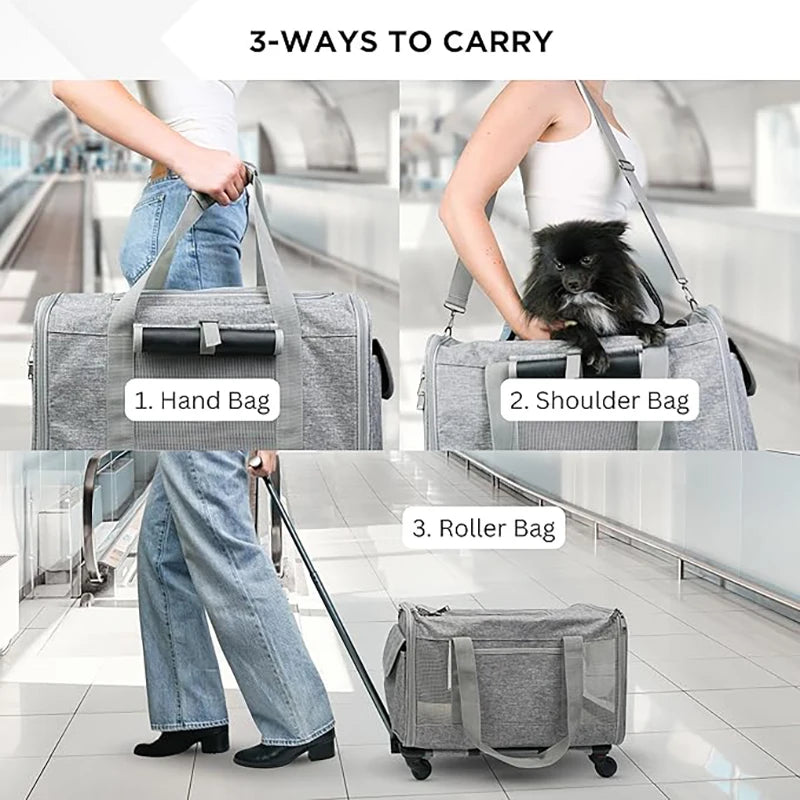 Rolling Pet Carrier for Small Dogs & Cats – Airline Approved, Foldable 2-in-1 Dog Carrier & Pet Stroller for Pets Up to 15 lbs