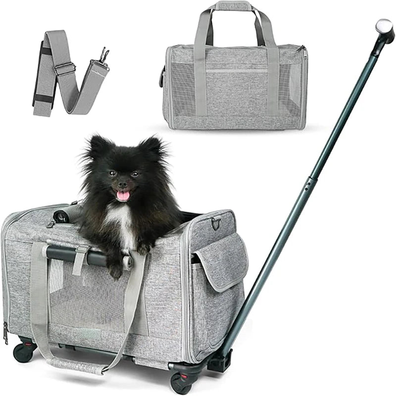 Rolling Pet Carrier for Small Dogs & Cats – Airline Approved, Foldable 2-in-1 Dog Carrier & Pet Stroller for Pets Up to 15 lbs