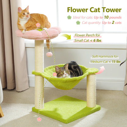 Pink Cat Scratching Post with Sisal Rope Cat Scratcher Tree Towel with Comfortable Spacious Hammock Cats Climbing Frame