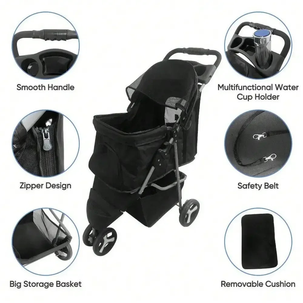 Foldable 3-Wheel Pet Stroller for Small Dogs & Cats – Rolling Strolling Cart Carrier with Storage Basketet