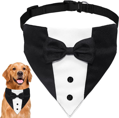 Dog Tuxedo Suit with Bow Tie – Formal Wedding Bandana Collar, Adjustable Pet Tux for Engagements, Parties & Birthdays (Fits Small, Medium & Large Dogs, Neck 15”-25”)