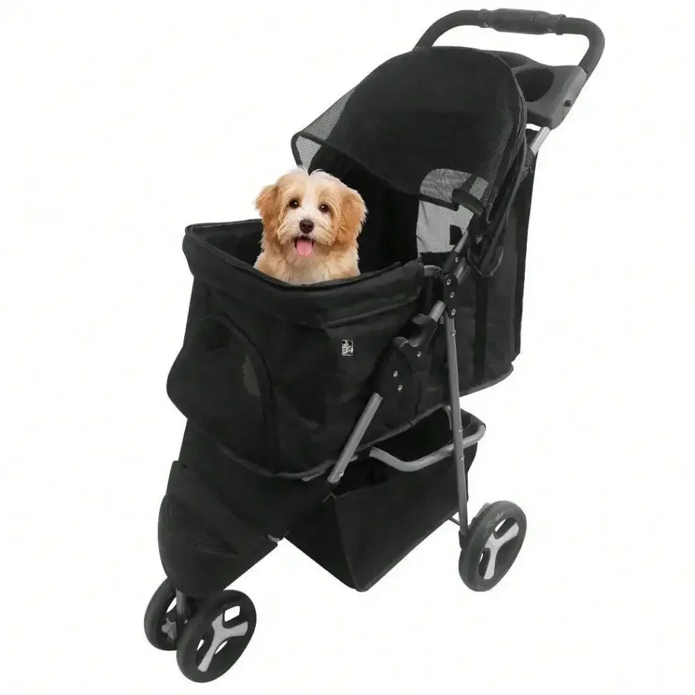 Foldable 3-Wheel Pet Stroller for Small Dogs & Cats – Rolling Strolling Cart Carrier with Storage Basketet