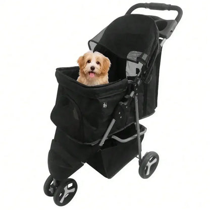 Foldable 3-Wheel Pet Stroller for Small Dogs & Cats – Rolling Strolling Cart Carrier with Storage Basketet
