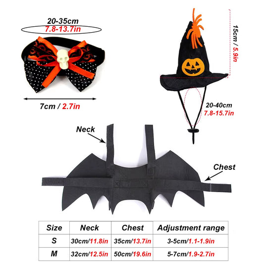 3 Pieces/Set Halloween Pet Costume Set Include Cat Cosplay Wizard Hat Bat Wings Bow Collar for Cats & Dog Funny Magical Holiday