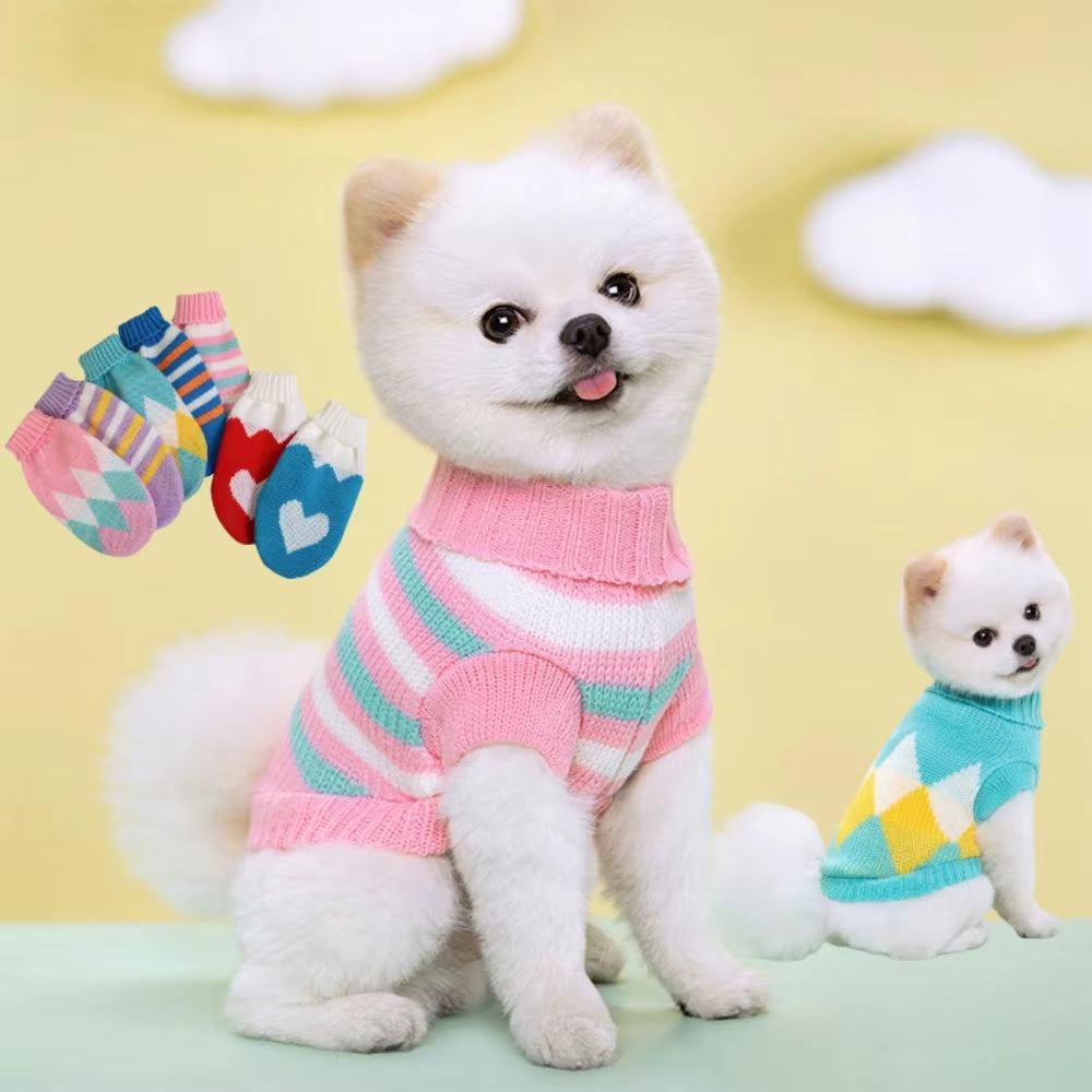 Cute Pet Warm Autumn and Winter Striped Sweater with Elastic Two Legged Collar Knitted Woolen Clothes for Dogs and Cats