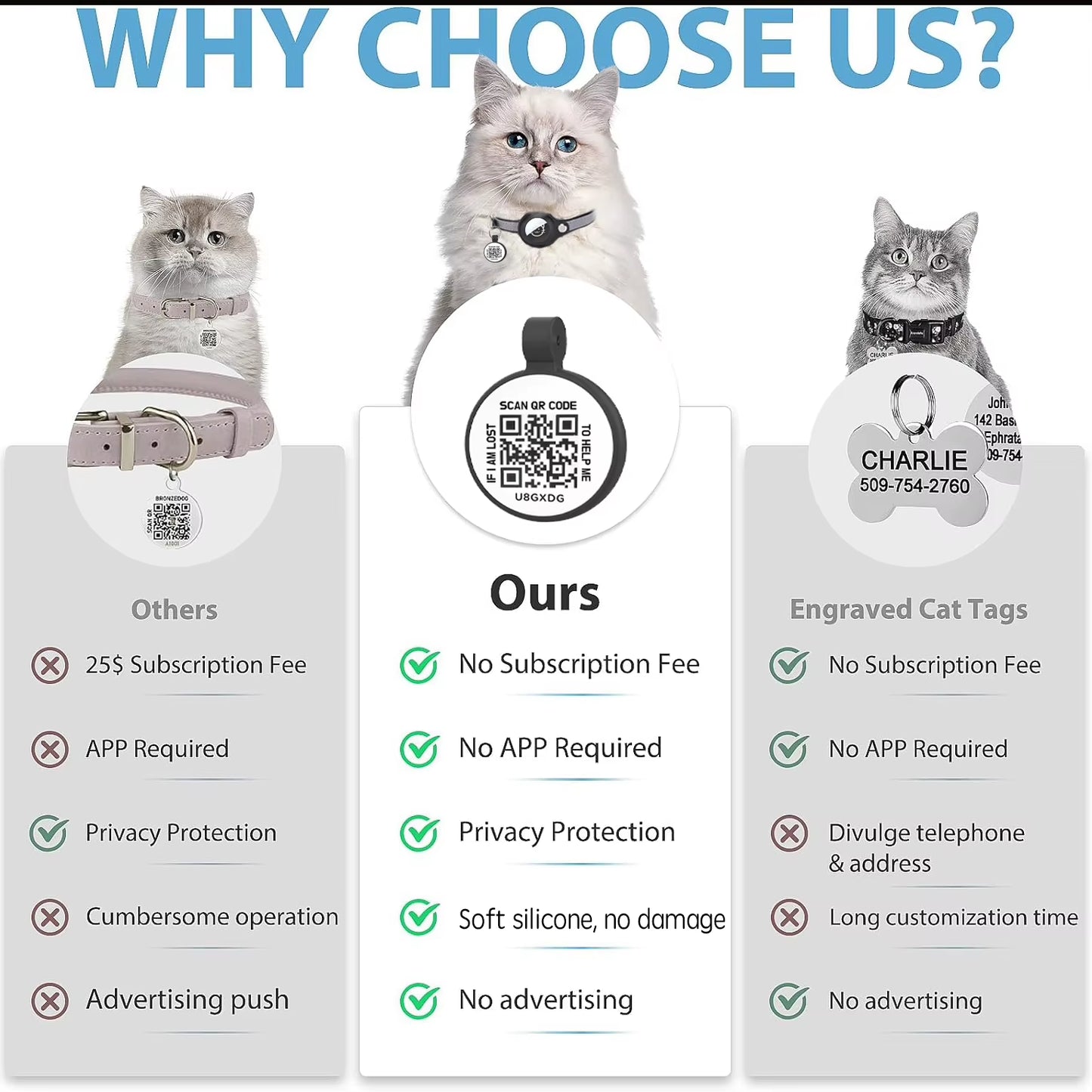 Smart Cat Collar with AirTag Holder & QR ID Tag - GPS Tracker Collar with Reflective Safety Strap