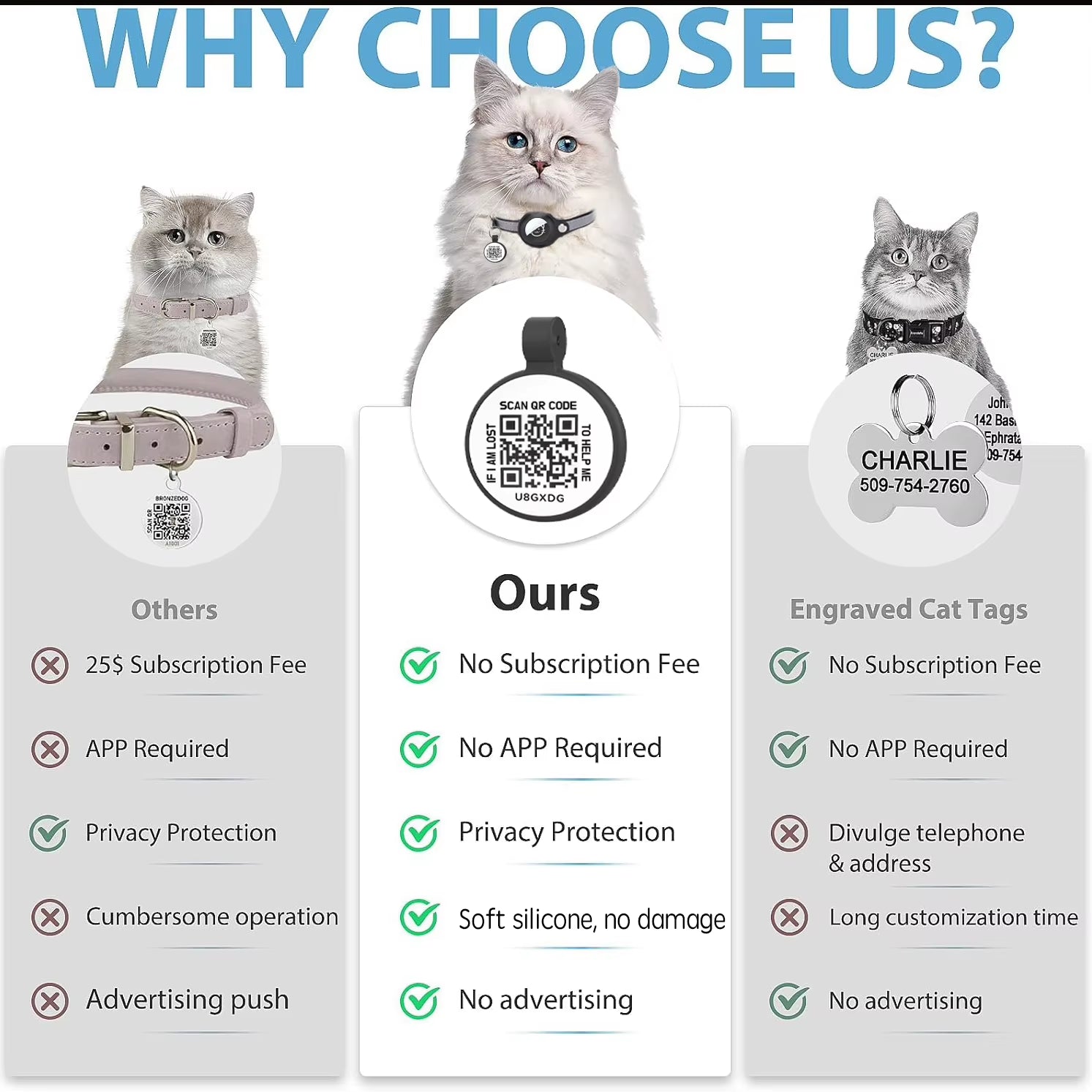 Smart Cat Collar with AirTag Holder & QR ID Tag - GPS Tracker Collar with Reflective Safety Strap