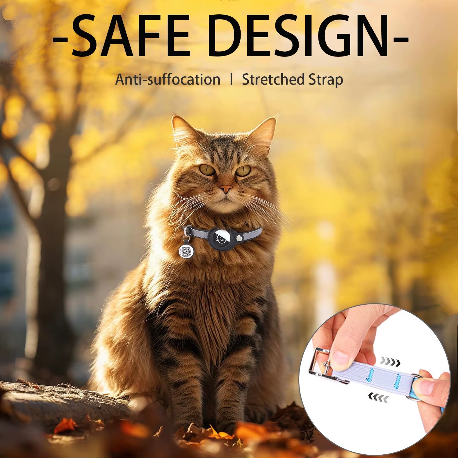 Smart Cat Collar with AirTag Holder & QR ID Tag - GPS Tracker Collar with Reflective Safety Strap